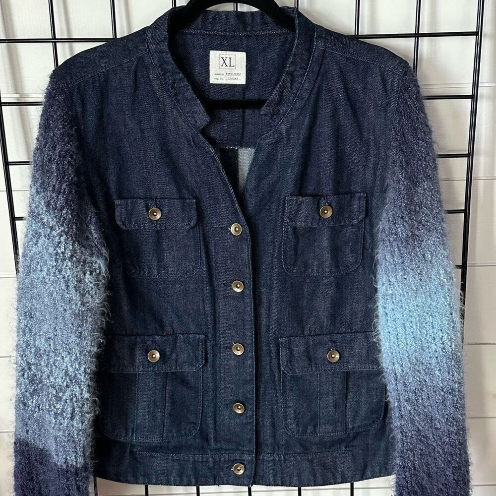 Denim Button Up Mohair Sleeve Jacket Womens XL Blue Gorpcore Hippie Boho - Picture 4 of 12